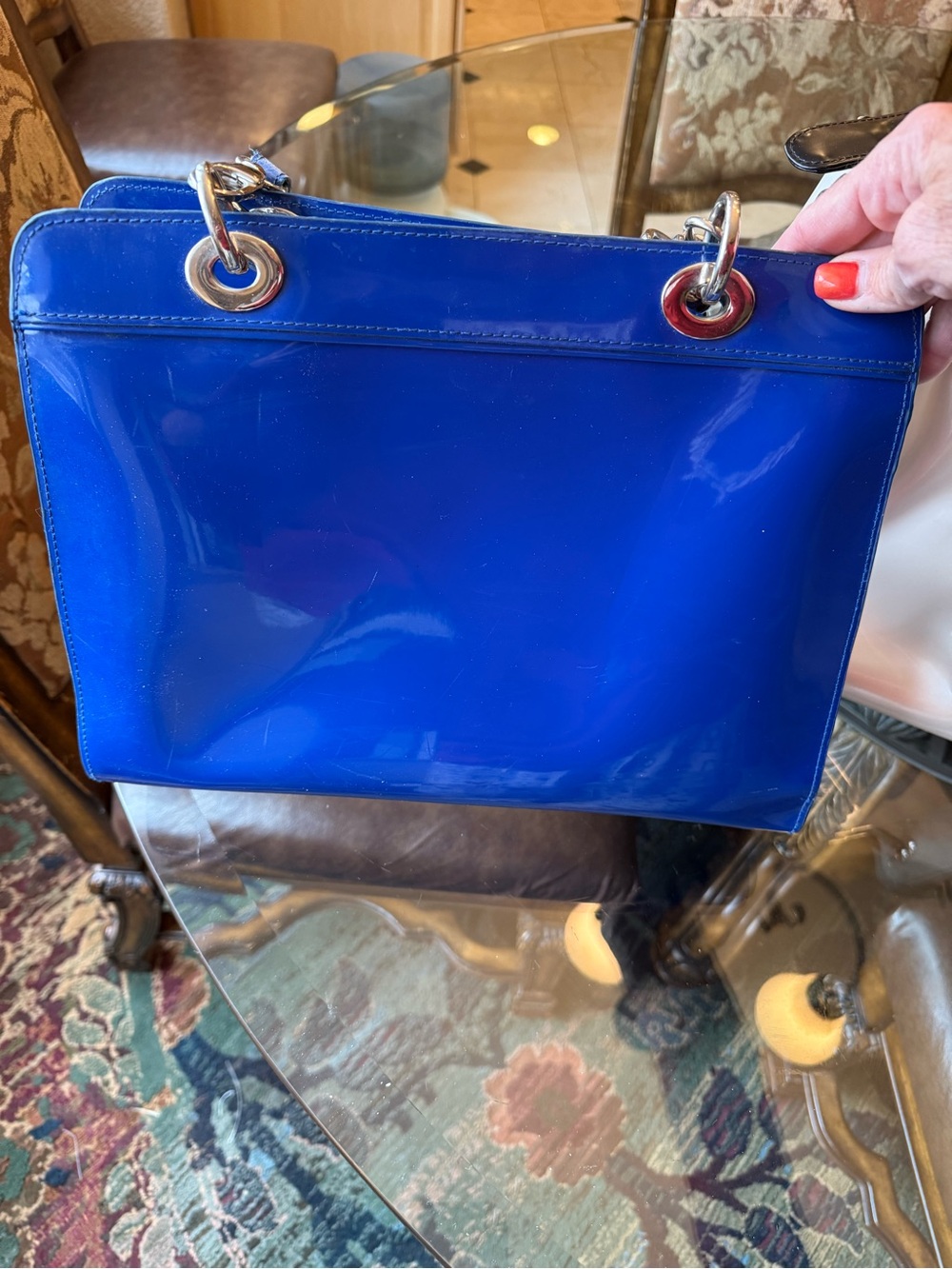 Beijo Patent Brilliant Blue Tote Bag with Silver Hardware